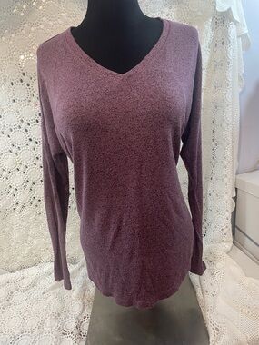 WellWorn Everyday V-Neck Long Sleeve Top in Plum Size M PTP 25” L 23”